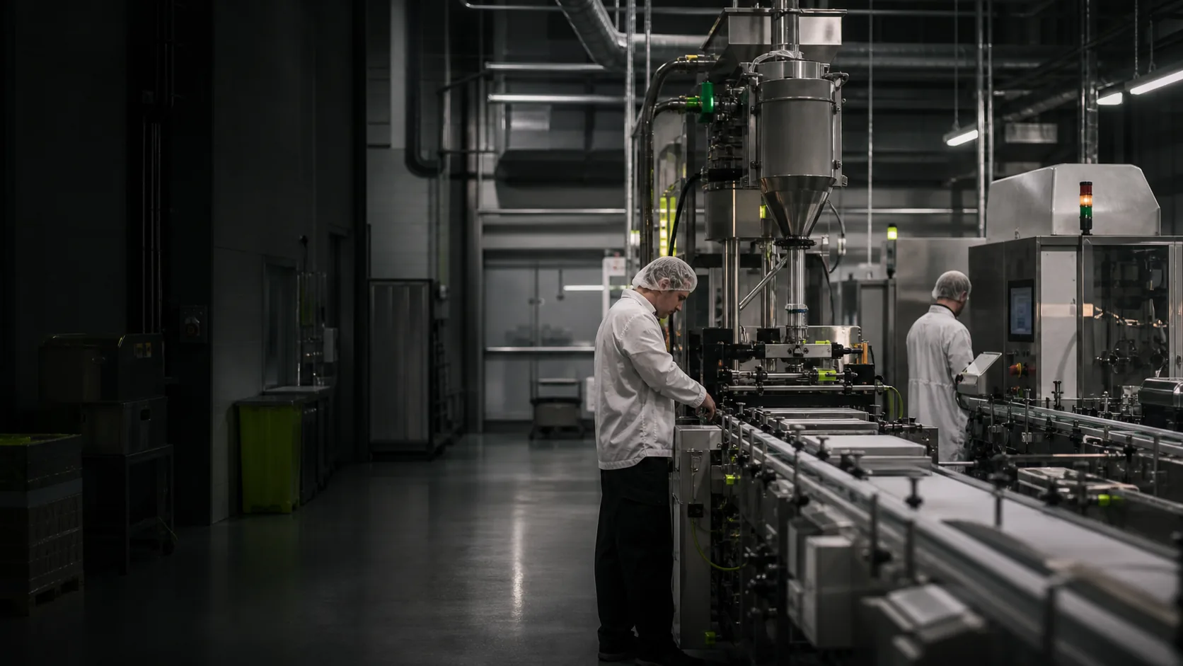 People in white coats and hair nets beside packaging machinery.